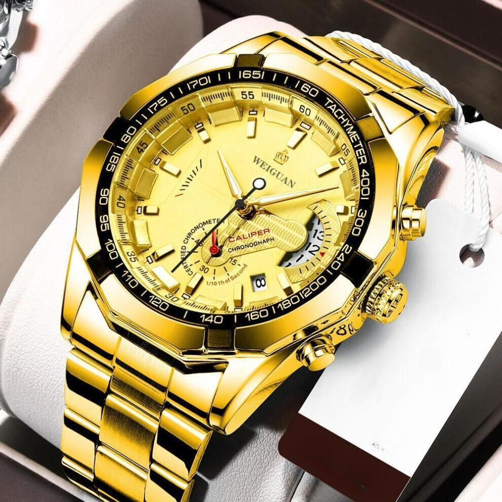 (gold) Fashion Automatic Movement Watch Men&apos;s Calendar Waterproof Luminous Non-mechanical Watch Large Dial