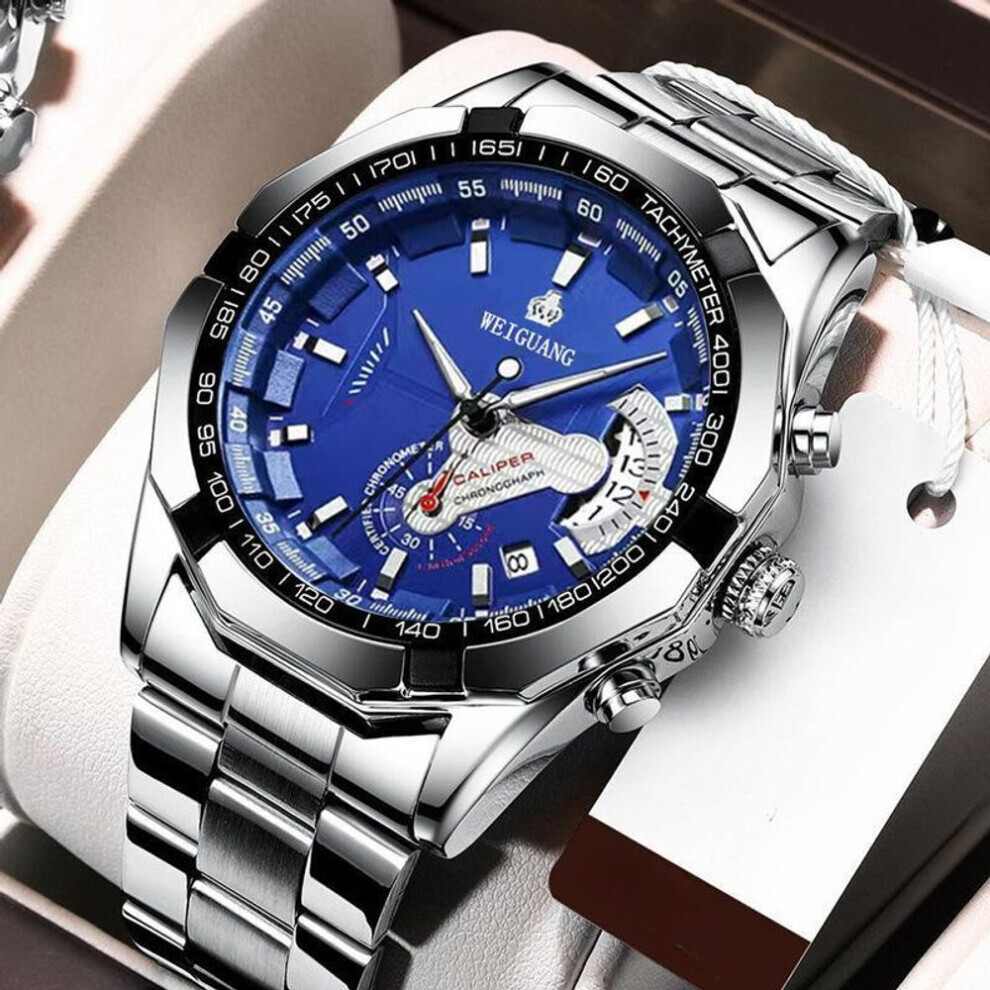 (blue) Fashion Automatic Movement Watch Men&apos;s Calendar Waterproof Luminous Non-mechanical Watch Large Dial