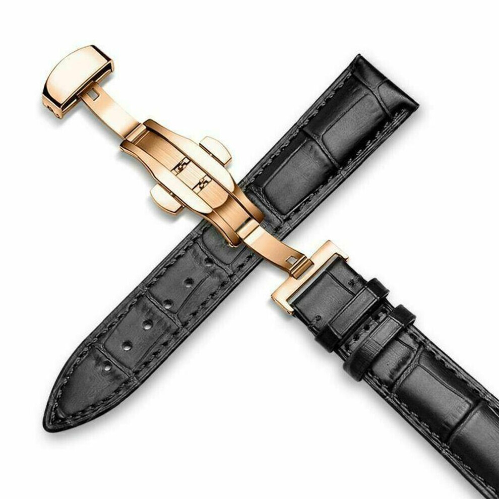 Maxpower (As The Picture, 20Mm) Smooth Genuine Leather Watchband 18Mm 20Mm 22Mm 24Mm Straps With Solid Automatic Butterfly Buckle Business Watch Band
