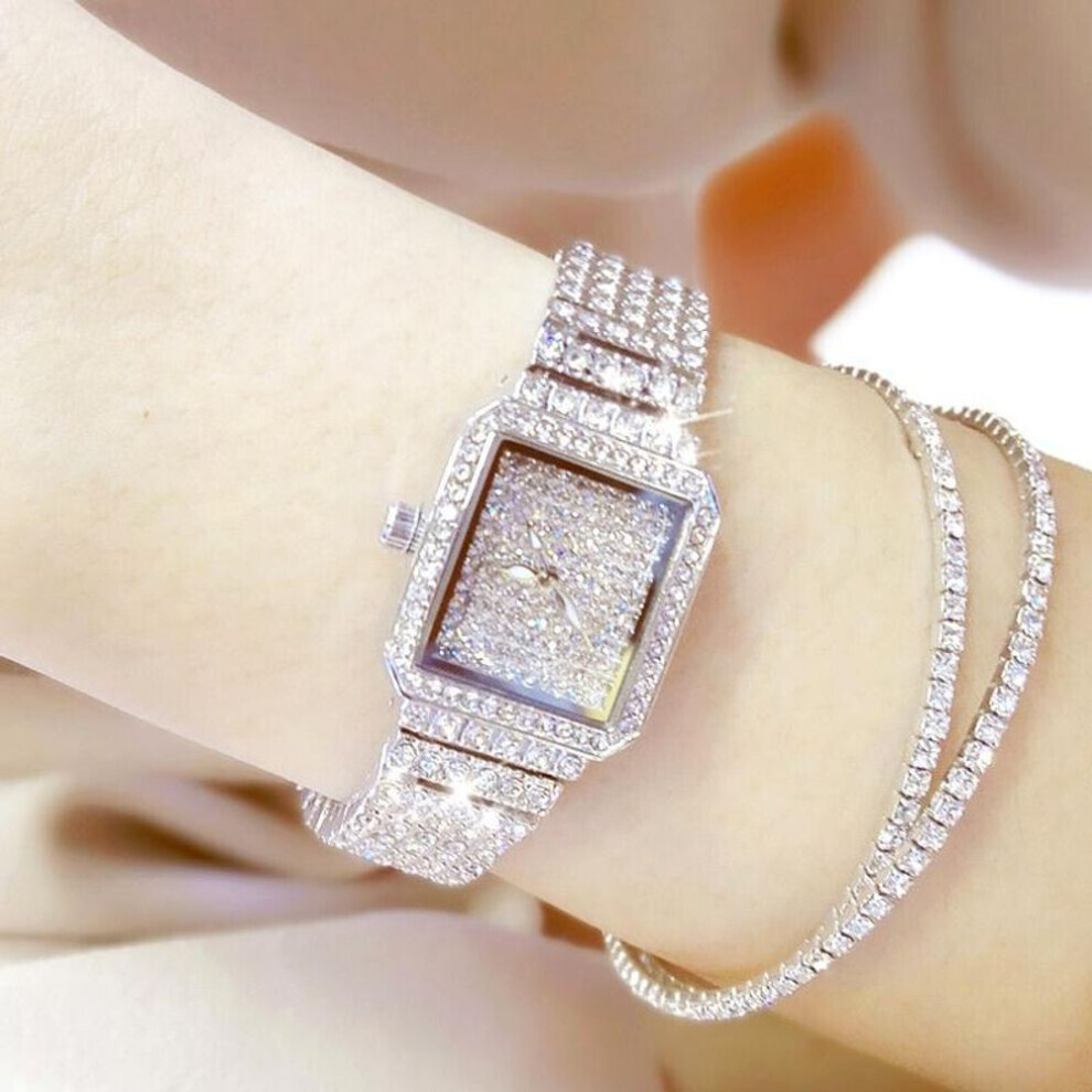 (silver, watch&Bracelet) Full Diamond Quartz Women Silver Watches Luxury Brand Crystal Square Female Wristwatch Rhinestone Ladies Clock