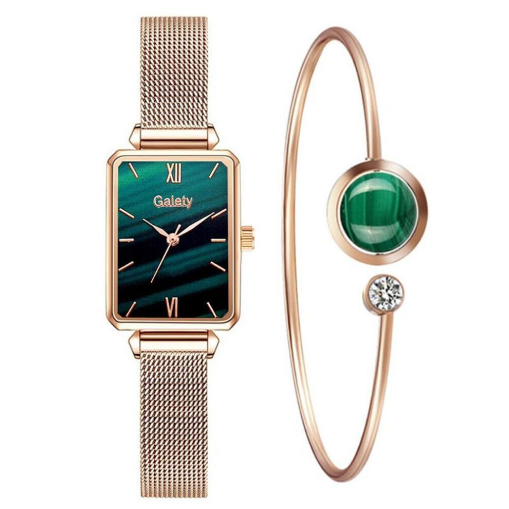 (green) Fashion Watch & Bracelet Set Women Square Watch Luxury Quartz Clock Magnet Buckle Gradient Color Watches Gift For Her
