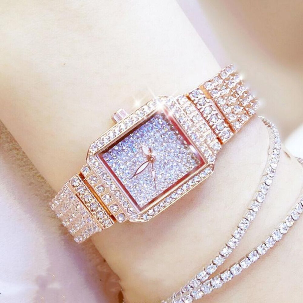 (rose gold, watch&Bracelet) Full Diamond Quartz Women Silver Watches Luxury Brand Crystal Square Female Wristwatch Rhinestone Ladies Clock