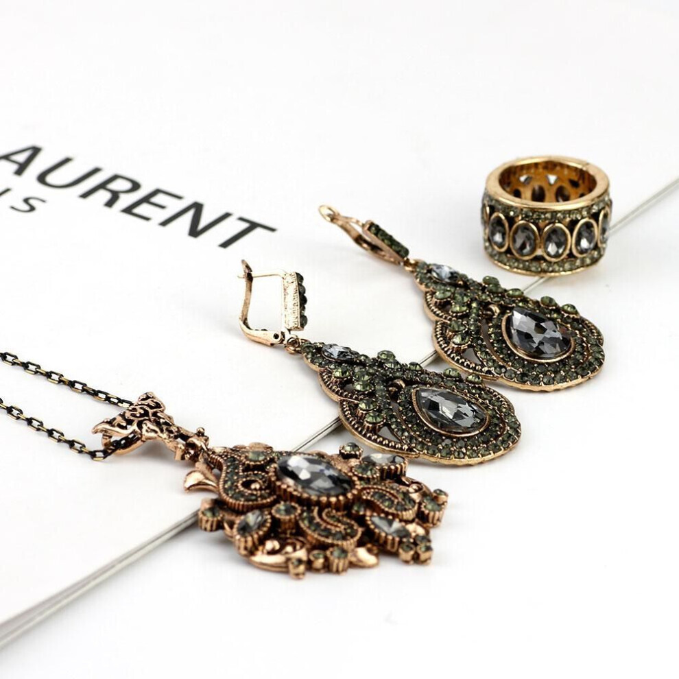 (gray) Turkish Earring Necklace Ring Sets Women Party Jewelry Ethnic Weddding Bijoux Holiday Gift Hot Sale