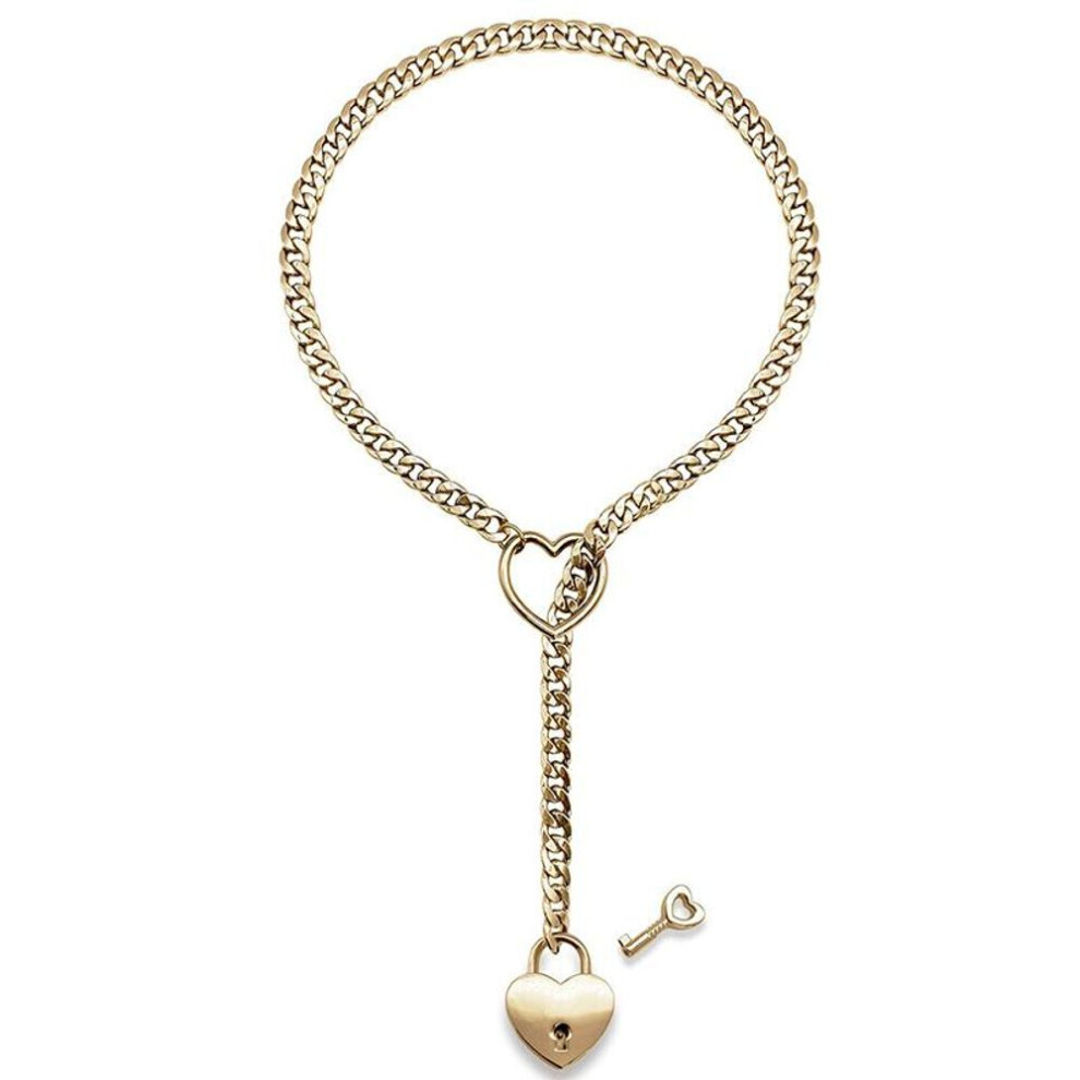 (golden) 1pc Fashion Womens Slip Chain Necklace Heart O-ring Rock Cuban Long Necklace Adjustable Heart Shaped Lock Core With Key 2024 New