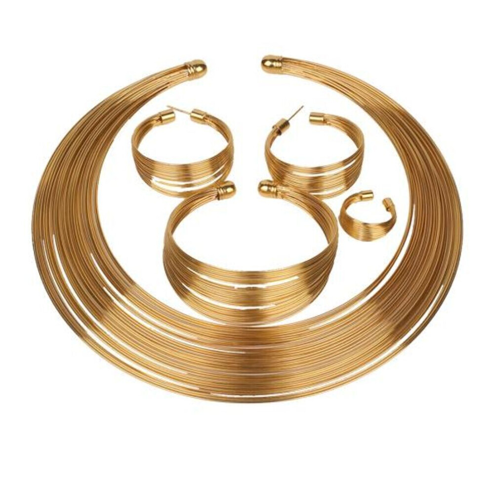 Maxpower (Golden) 4Pcs/Set Exotic Nigerian Bridal Circle Necklace Earrings Bracelet Ring Jewelry Golden