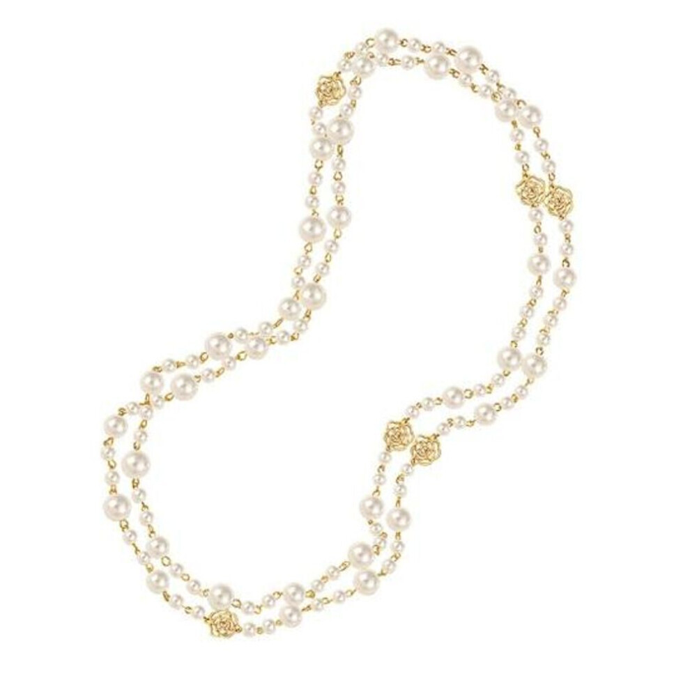 Maxpower (White) Elegant Faux Pearls Sweater Necklace Alloy Flower Multi Layer Dress Necklace Long Style Outfit Necklace Accessories White
