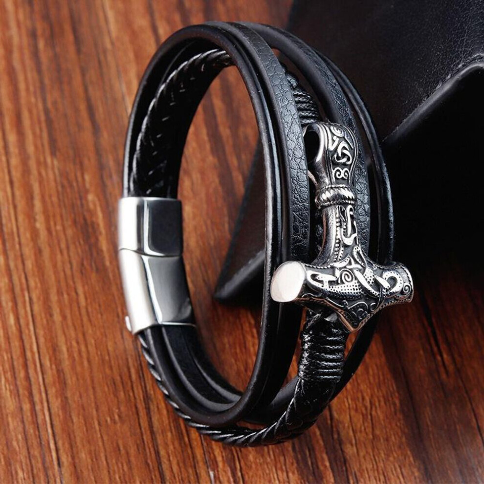(black, 21CM) Men&apos;s Leather Bracelet Stainless Steel Leather Braided Bracelet Fashion Viking Jewellery Street Hipster Wear Jewellery Accessories