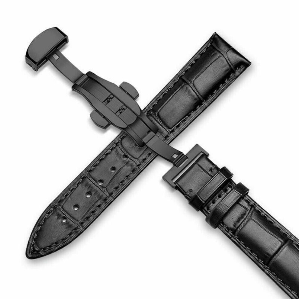 Maxpower (Black, Black Buckle-22Mm) Genuine Leather Watch Band Strap Kit Elegant 18/20/22/24Mm Deployment Clasp Butterfly Buckle Diy