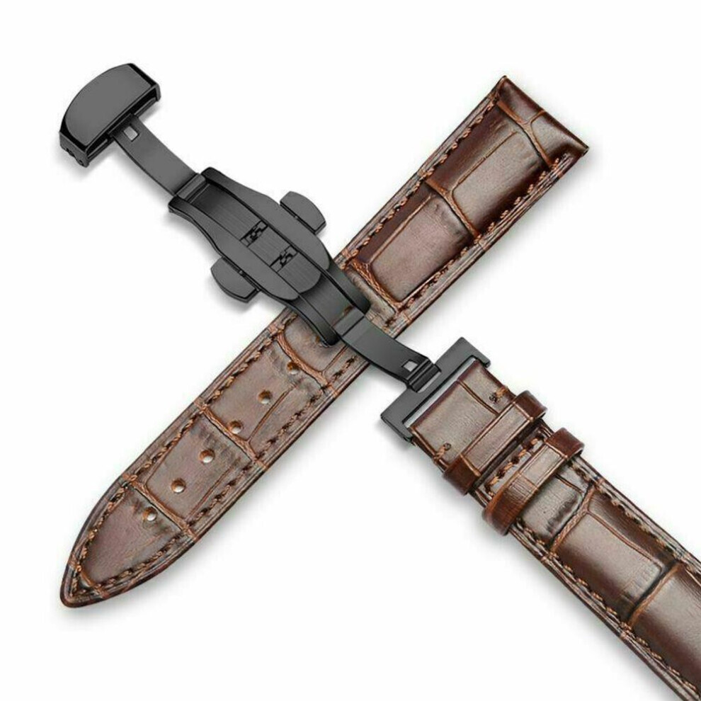 Maxpower (Brown, Black Buckle-22Mm) Genuine Leather Watch Band Strap Kit Elegant 18/20/22/24Mm Deployment Clasp Butterfly Buckle Diy