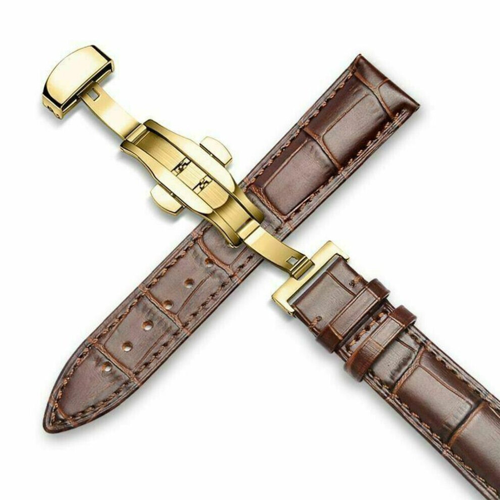 Maxpower (Brown, Gold Buckle-20Mm) Genuine Leather Watch Band Strap Kit Elegant 18/20/22/24Mm Deployment Clasp Butterfly Buckle Diy