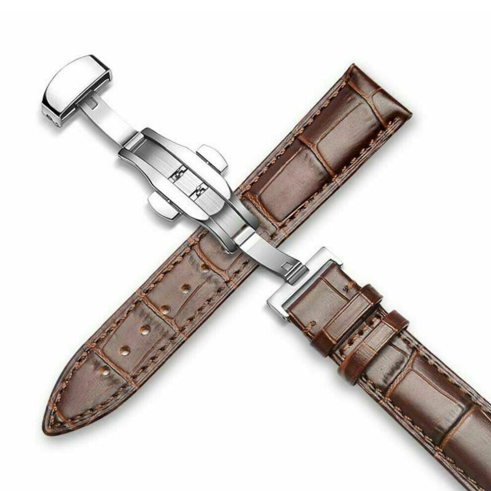 Maxpower (Brown, Silver Buckle-20Mm) Genuine Leather Watch Band Strap Kit Elegant 18/20/22/24Mm Deployment Clasp Butterfly Buckle Diy