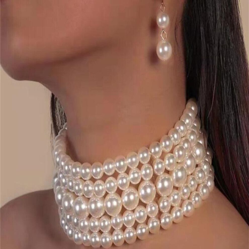 Maxpower (, 40Cm) Multi-Layer Imitation Pearl Beaded Short Necklace Earring Set White