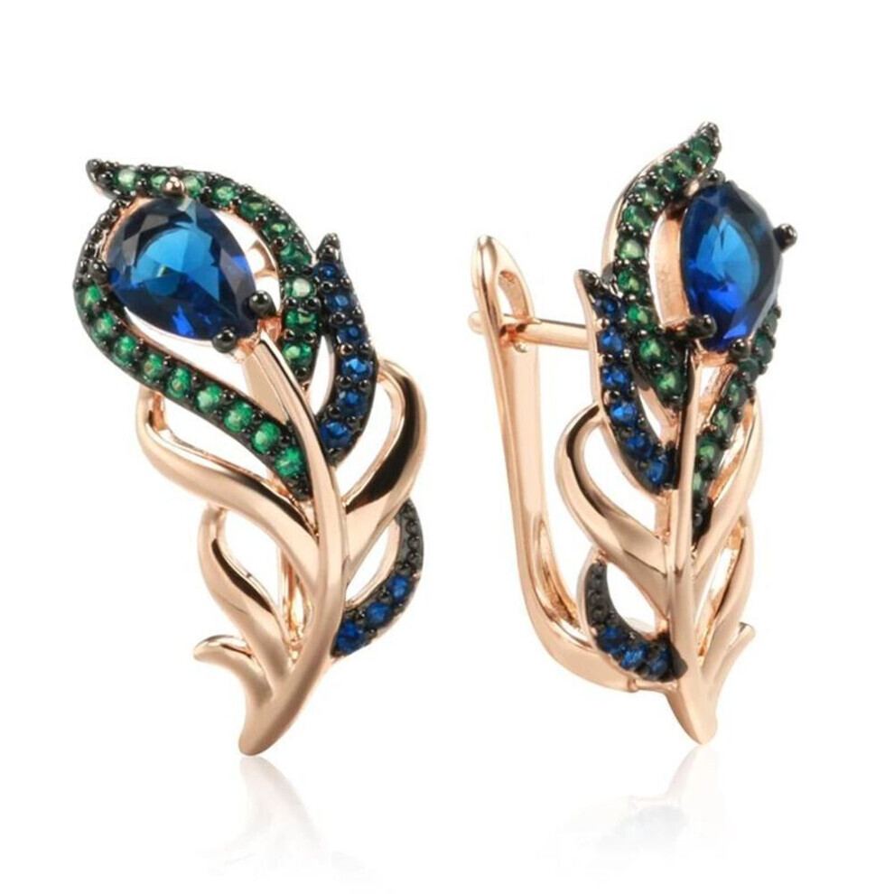 Maxpower (As The Picture) Golden Hollow Feather Dangle Earrings Black Plated Blue Green Zircon Women Statement Jewelry Party Accessories Blue,Green,Black