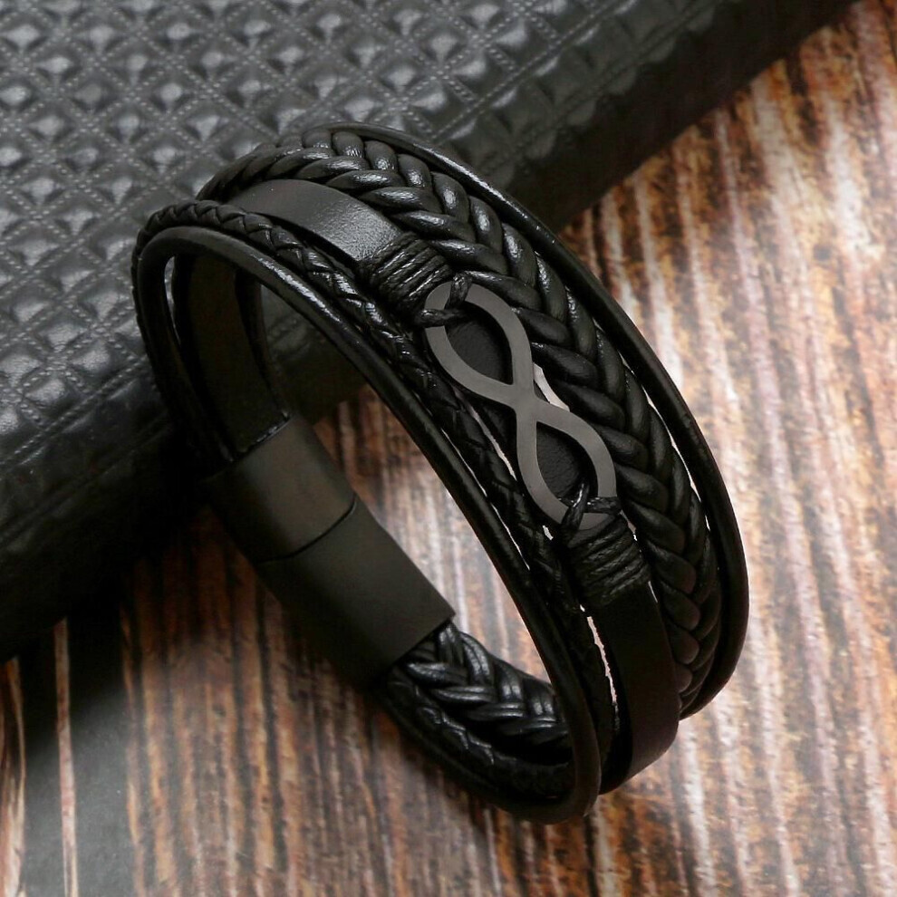 (as the picture, 21cm) Vintage Black Multi Layer Men Leather Bracelet Stainless Steel Infinity Symbol Charm Bracelets For Men Fashion Jewelry Gift