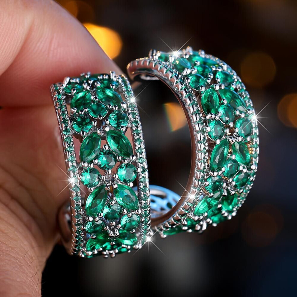 (green) Delicate Green Cubic Zirconia Stud Earrings Ethnic Style Hollow Flower Earrings Charm Silver Color Wedding Earrings For Women