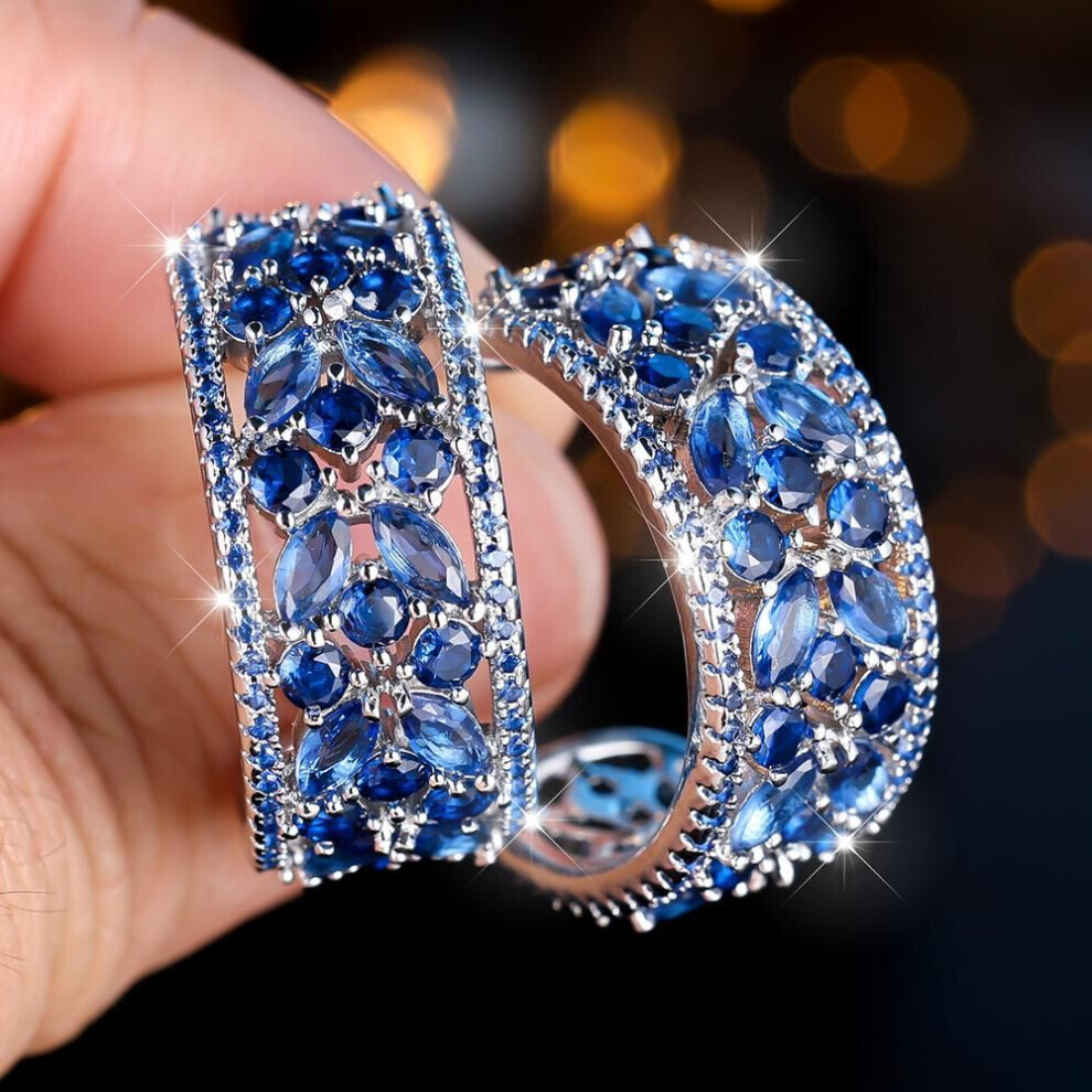 Maxpower (Blue) Delicate Green Cubic Zirconia Stud Earrings Ethnic Style Hollow Flower Earrings Charm Silver Color Wedding Earrings For Women Blue,Green,Silver