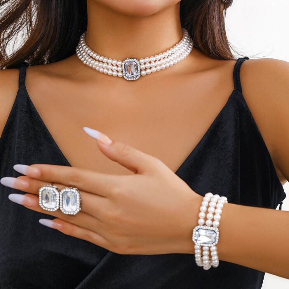 (silver) 3pcs/set Multilayer Chain Necklace Bracelet For Women Wedding Bridal Goth Stud Earrings Jewelry Set Accessories