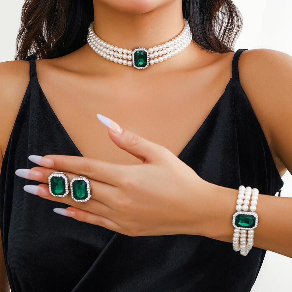 (green) 3pcs/set Multilayer Chain Necklace Bracelet For Women Wedding Bridal Goth Stud Earrings Jewelry Set Accessories