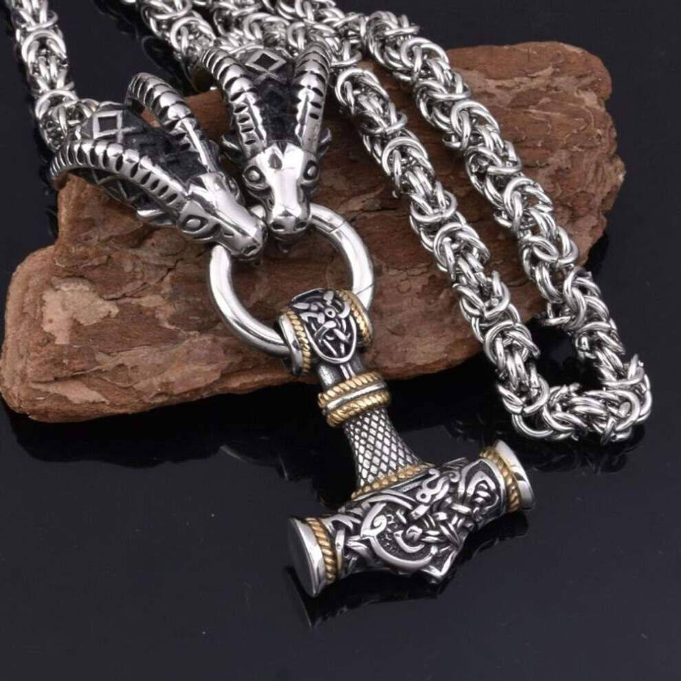 (gold) Viking Retro Sheep Head Necklace, Norse Mythology Hammer Pendant Necklace, Men&apos;s Punk Hip Hop Party Accessories, Birthday Gift For Friends