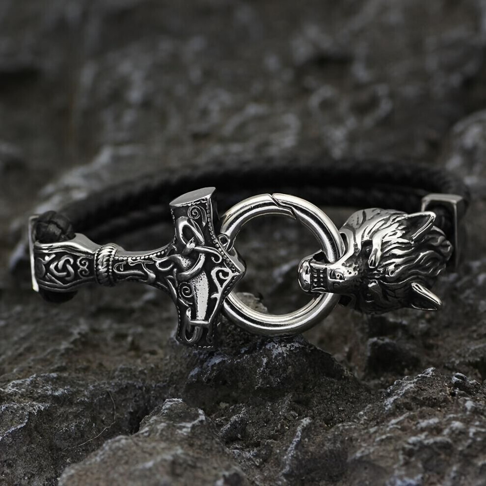 Maxpower (Silver) 1Pc Viking Wolf Head Thor Hammer Bracelet, Viking Men's Jewelry, Viking Wolf Head Bracelet, Viking Jewelry Gift Silver