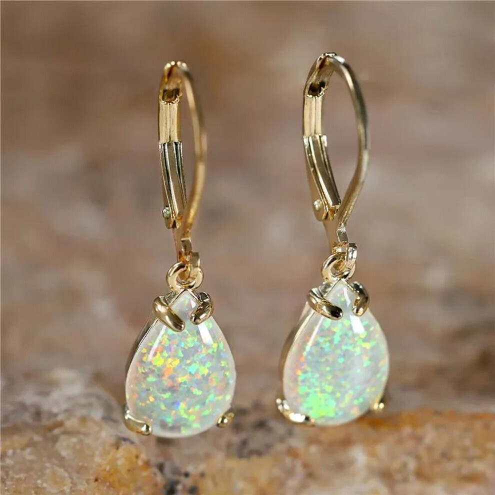 (gold,white) Vintage White Fire Opal Water Drop Earrings For Women Luxury Yellow Gold Color Dangle Earrings Bohemian Jewelry