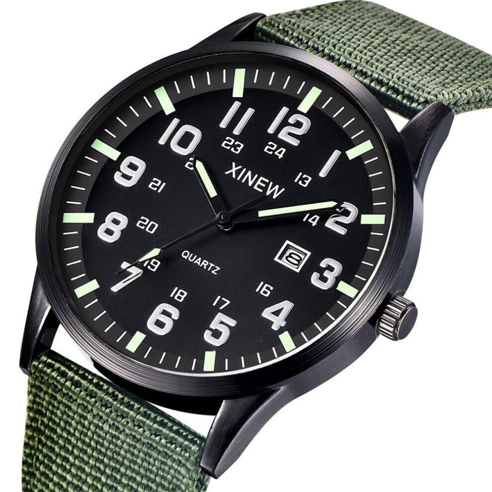 (green, One Size) Men Boy Round Dial Nylon Strap Band Military Date Quartz Wrist Watch Gift
