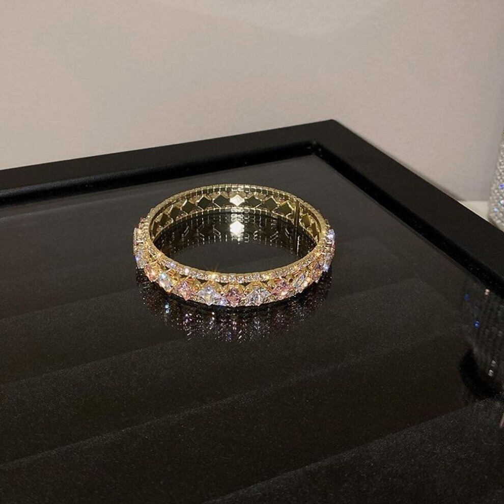 (gold) Geometric Zircon Bracelet Bangles For Women Pink Green Crystal Cuff Bracelets Weddings Party Jewelry