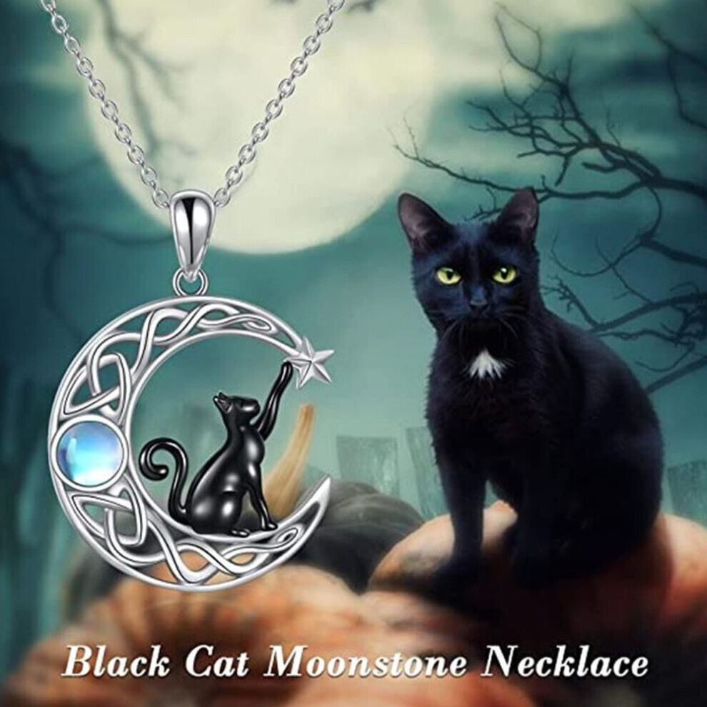 (silver) Creative Fashion Simple Celtic Moon Black Cat Pendant Necklace Women Choker Birthday Party Jewelry