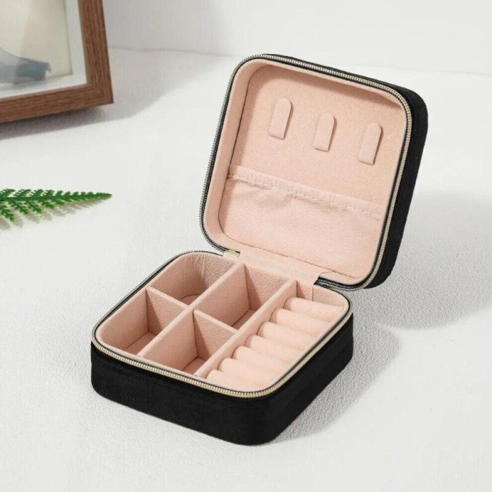 (Black) Velvet Jewelry Box For Women Necklace Ring Earrings Organizer Holder Travel Portable Zipper Square Jewelry Storage Case