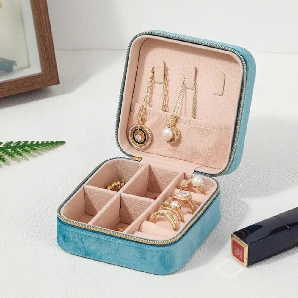(Blue) Velvet Jewelry Box For Women Necklace Ring Earrings Organizer Holder Travel Portable Zipper Square Jewelry Storage Case