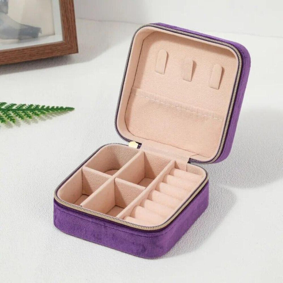 (Purple) Velvet Jewelry Box For Women Necklace Ring Earrings Organizer Holder Travel Portable Zipper Square Jewelry Storage Case