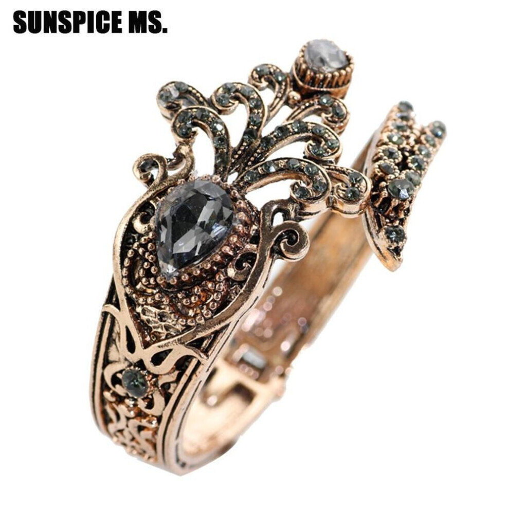 (gray) Retro Vintage Turkish Women Flower Bangle Antique Gold Color Spring Cuff Bracelets Indian Gray Stone Wedding Jewelry 5.0