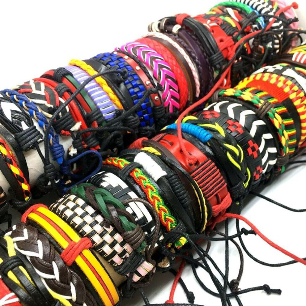 (multicolor, Pack of 10) 10 Pieces Mens Womens Handmade Leather Cuff Bracelets Black Brown Multicolor Fashion Jewelry Resizable Mix Styles