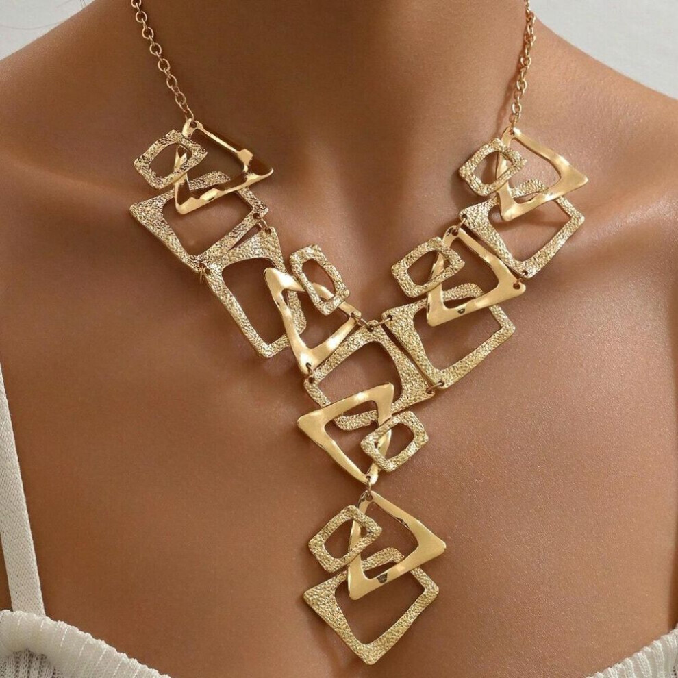 Maxpower (Gold) Exaggerated Personality Geometric Triangle Rectangular Hollow Metal Necklace Fashionable And Versatile Neck Ornament Gold