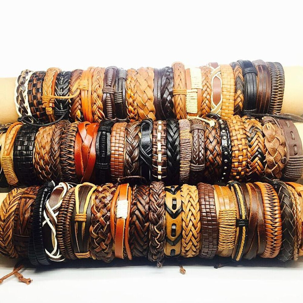 (black,brown, Pack of 10) 10 Pieces Mens Womens Handmade Leather Cuff Bracelets Black Brown Multicolor Fashion Jewelry Resizable Mix Styles