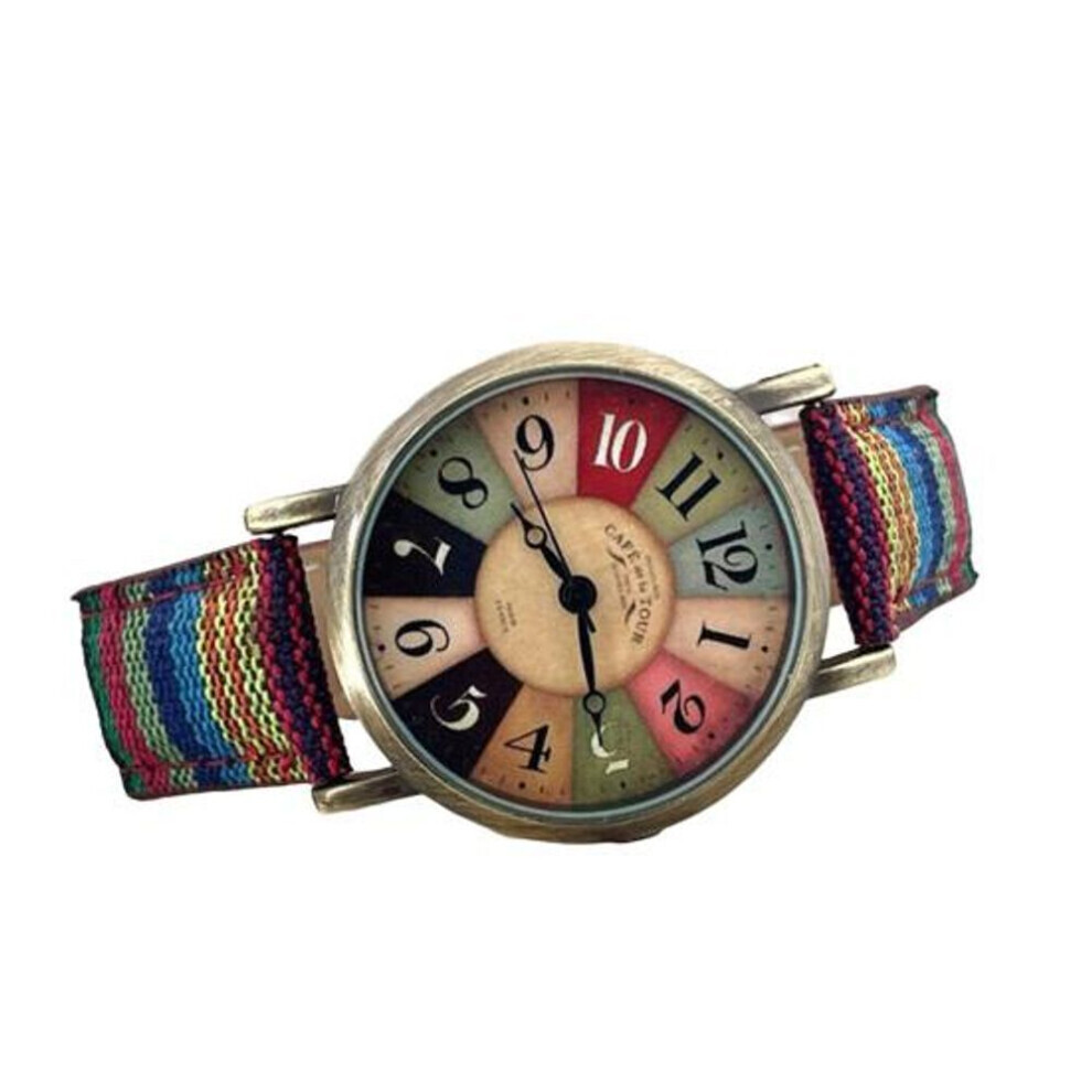 (C) Women Watch Round Dial Pointer Display Adjustable Strap Anti-shock Vintage Decorative Buckle Clasp Ethnic Style Female Watch
