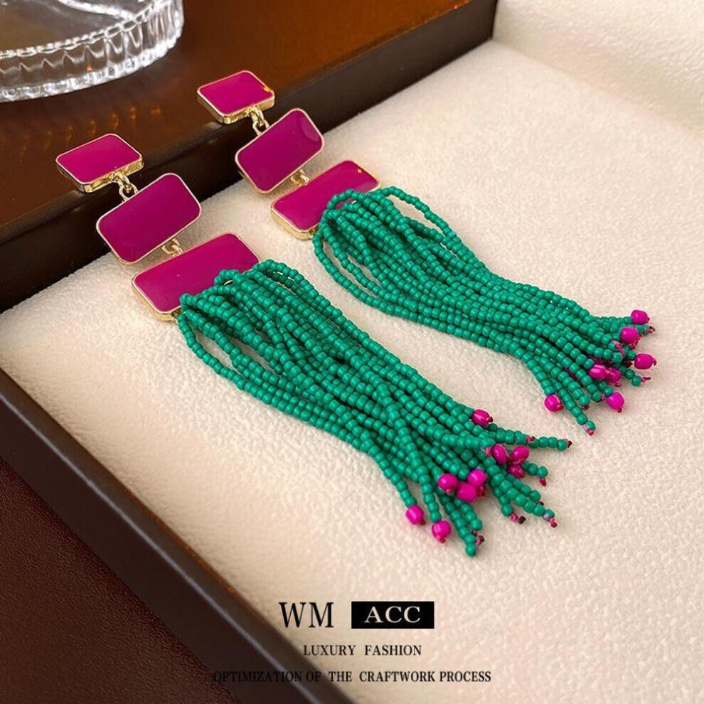 (green) Silver Needle Drip Oil Rice Beads Long Tassel Earrings European And American Retro Exaggerated Heavy Industry Earrings Fashion Ethnic Style Earrings
