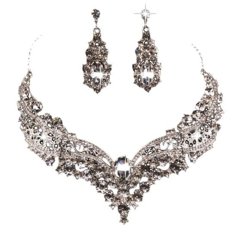 Maxpower (Silver) Wedding Bridal Queen Style Fully Shiny Rhinestone Necklace Earrings Jewelry Set Silver
