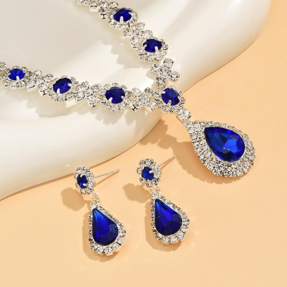 (blue) Wedding Bridal Jewelry Set With Pendant Necklace & Dangle Earrings Inlaid Synthetic Gems Shiny Jewelry Set