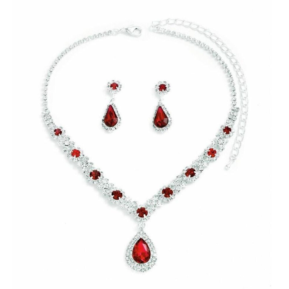 Maxpower (Red) Wedding Bridal Jewelry Set With Pendant Necklace & Dangle Earrings Inlaid Synthetic Gems Shiny Jewelry Set Red