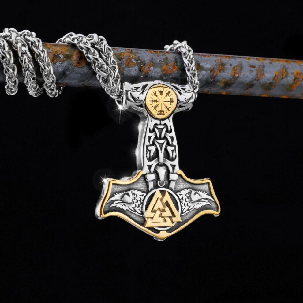 (golden) Scandinavian Men&apos;s Stainless Steel Vintage Pendant, Viking Men&apos;s Fashion Thor&apos;s Hammer Pendant Amulet Gift