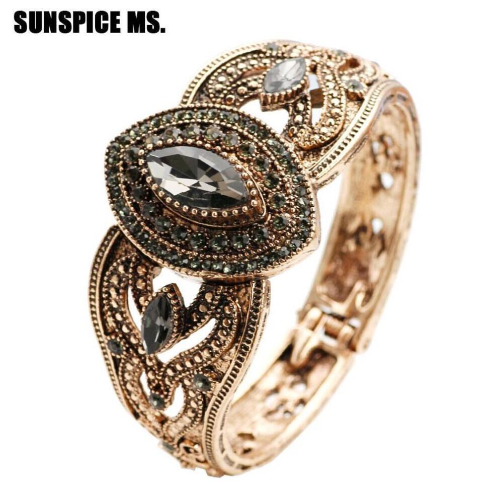 (gray) Fashion Ellipse Crystal Women Bangle Antique Gold Color Flower Charm Bracelets Turkish Vintage Cuff Festival Accessories