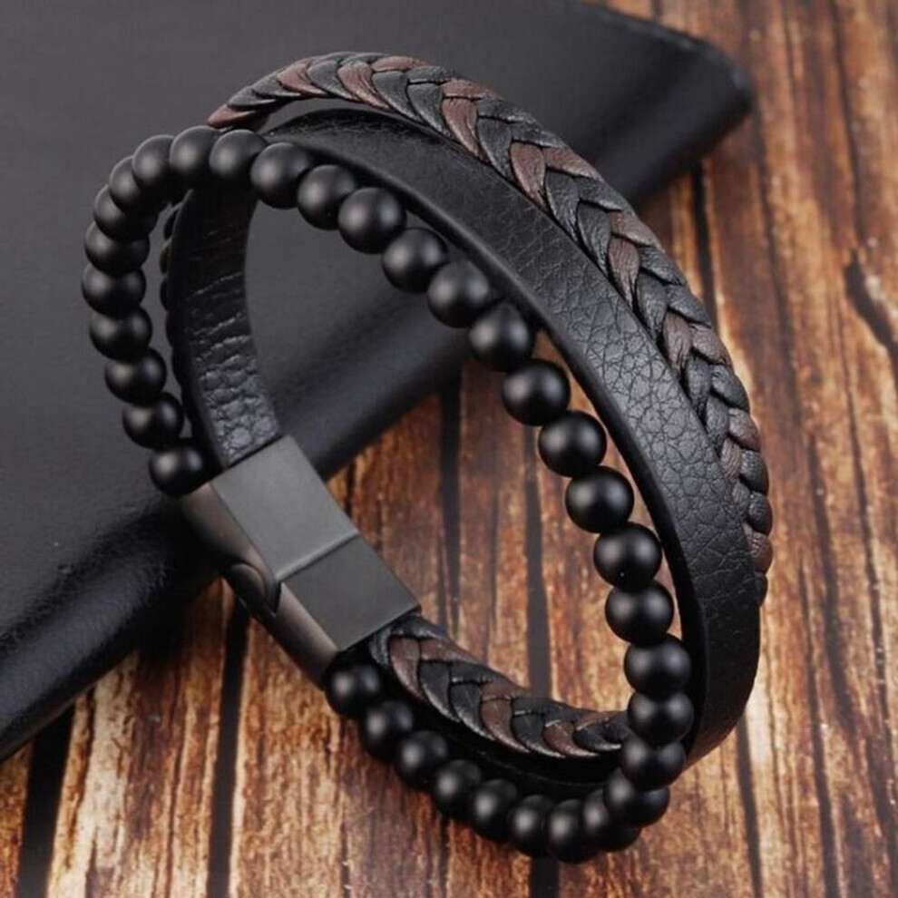 (as the picture) Stainless Steel Magnetic Buckle Wristband Bracelet Men Natural Stone Beaded Leather Bracelet Multi-layer Rope Jewelry