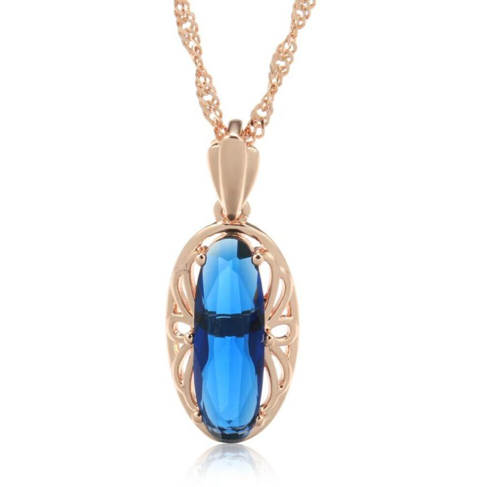 (blue) Luxury Oval Green Red Blue Zircon Pendant Necklace Water Wave Chain Fashion Jewelry
