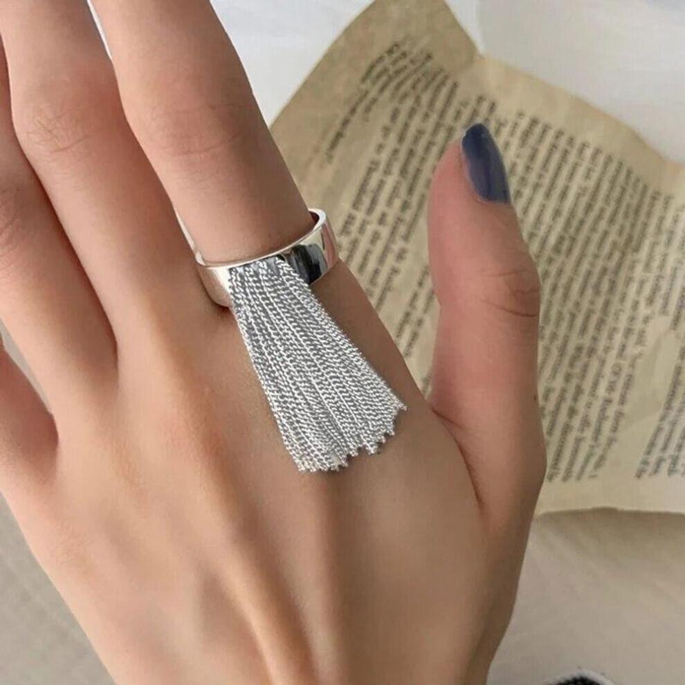 (as the picture, 2) Gothic Wide Edge Chain Tassel Rings Women Hip Hop Punk Vintage Adjustable Opening Ring Aesthetic Geometric Goth Rings