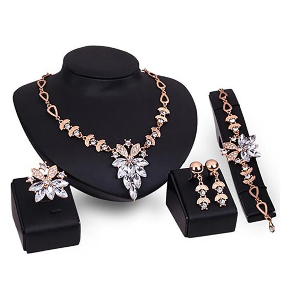 Maxpower (Clear) 4Pcs Jewelry Set Flower Design Birthday Gift Durable Necklace Earrings Bracelet Ring Jewelry Set For Wedding Clear