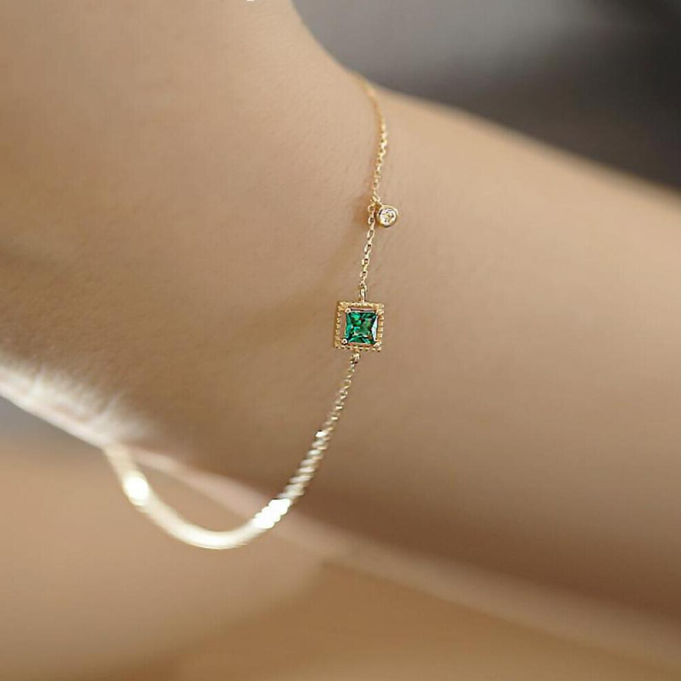 (as the picture) Light Luxury 925 Sterling Silver Plated 14k Gold Bracelet Female Emerald Fine Simple Square Diamond Ins Temperament Niche Design Bracelet