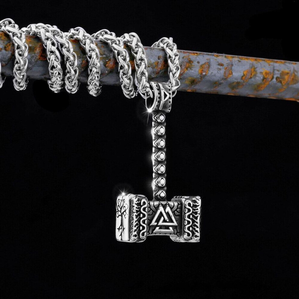 (silver) Scandinavian Viking Pendant, Viking Fashion Stainless Steel Hammer Of Thor Rune Pendant Amulet