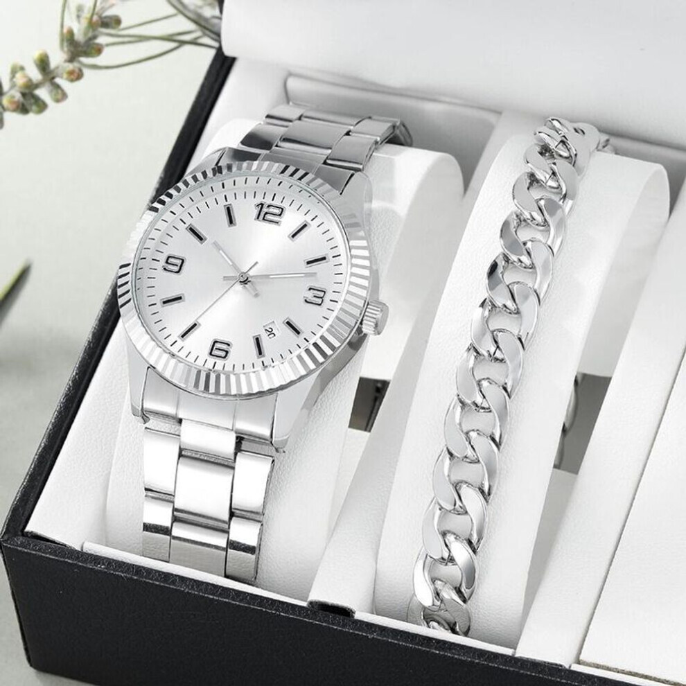 (white) Fashion Men&apos;s Stainless Steel Quartz Watch Set