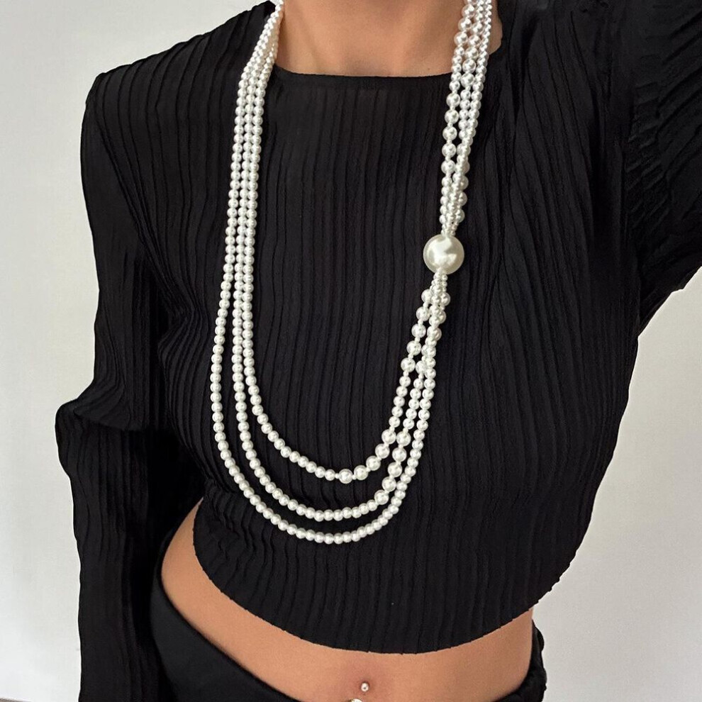 Maxpower (, 6851) Baroque Style Multilayer Geometric Pearl Necklace With Tassel White